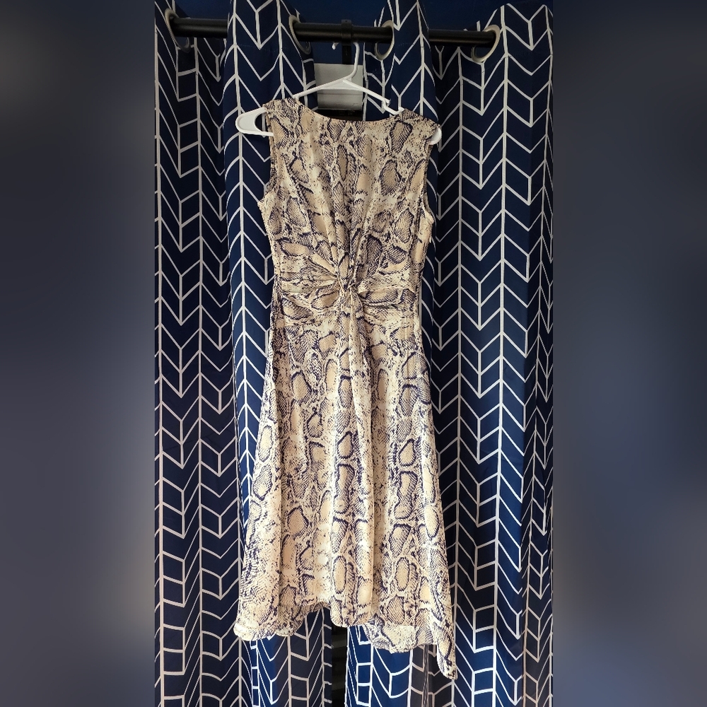 Aqua Knot-Front Snakeprint Midi Dress in Beige and Black